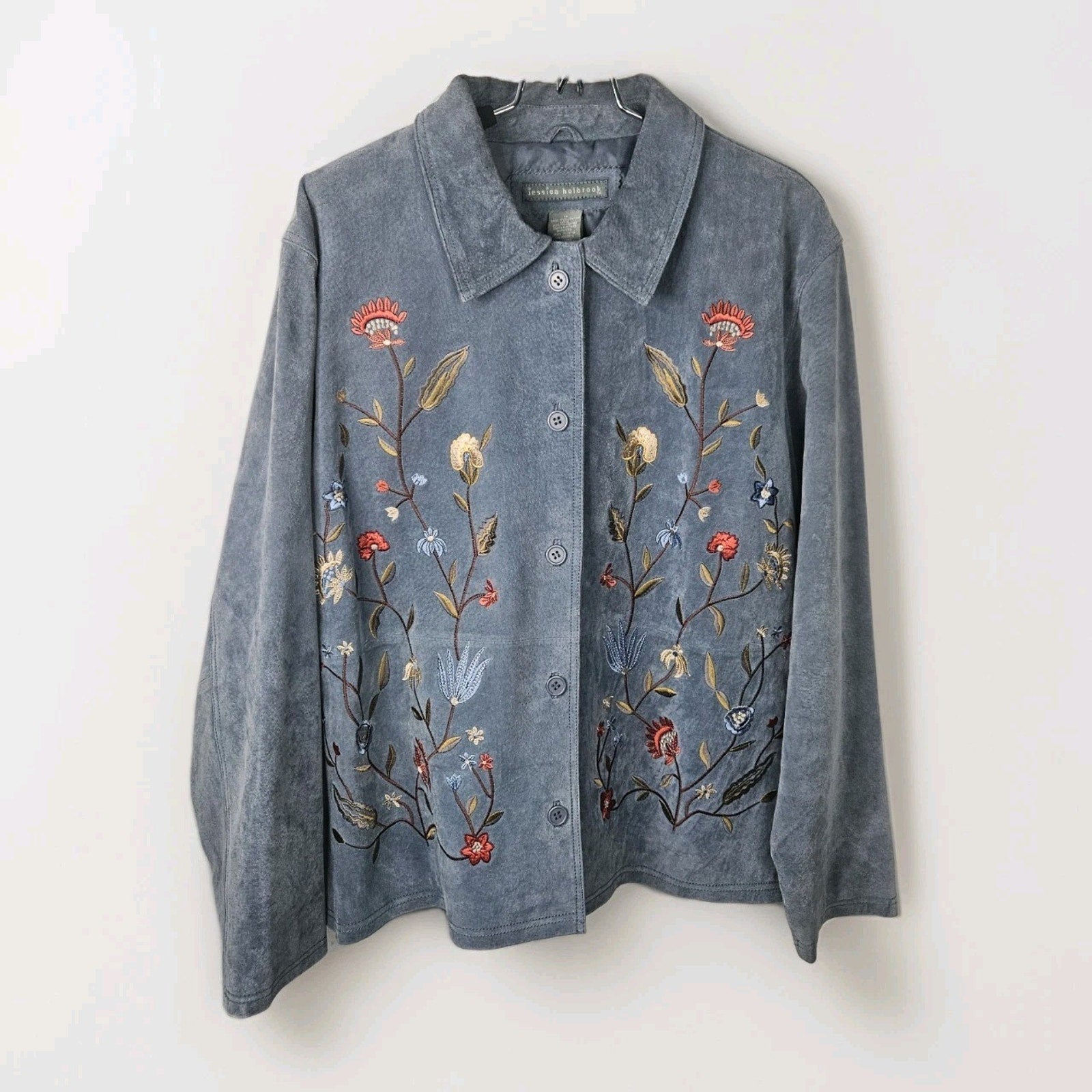 Jessica Holbrook Jacket Womens 1X Blue Suede Leather Floral Embroidered Artsy