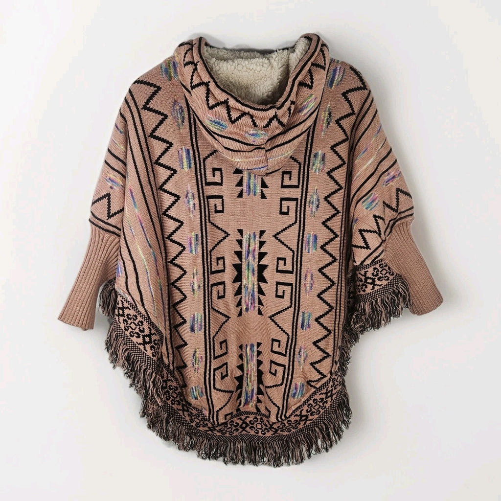 Vtg Aztec Print Poncho W/Hood Norma Angelica MX/Unisex Multicolor Lined 90’s