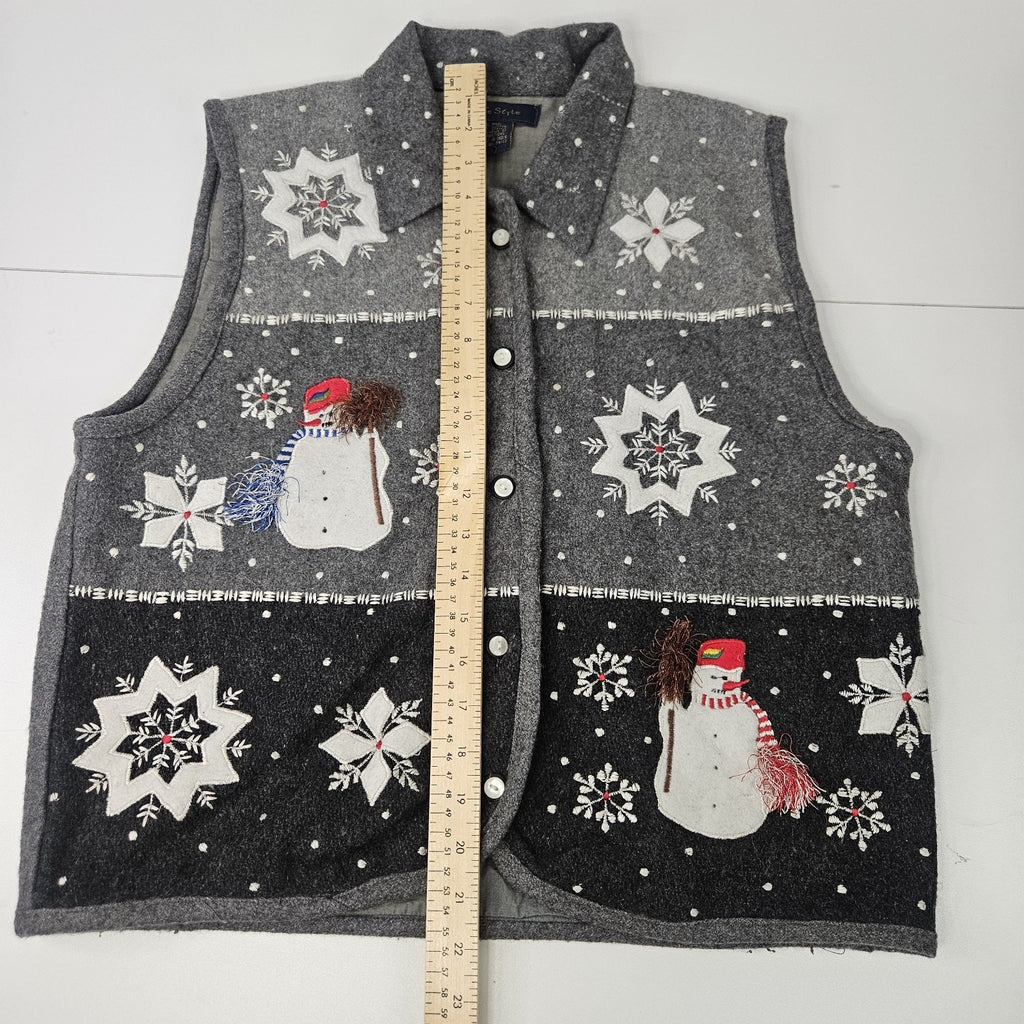Vtg Wool Blend Vest Gray Large Snowflake Snowman Christmas Cottage Artsy