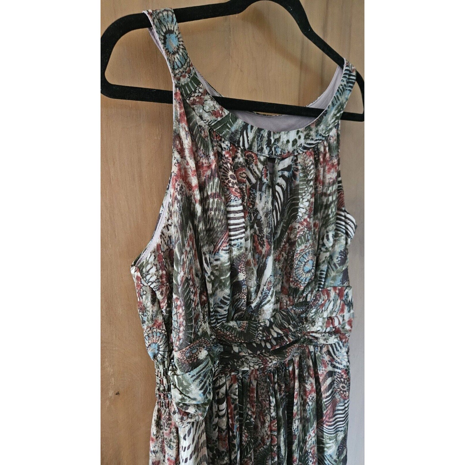 Perceptions New York Green Brown Tan Sleeveless Long Ruched Waist Poly Dress 14