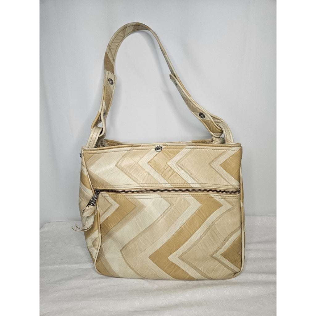 Vintage 70s Handmade Cream Tan Leather Tote Handbag Purse Shoulder Bag Chevron