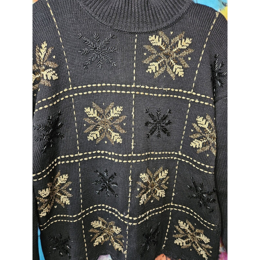 Vintage Beldoch Popper Black Winter Christmas Sweater Gold Bead Snowflake Large