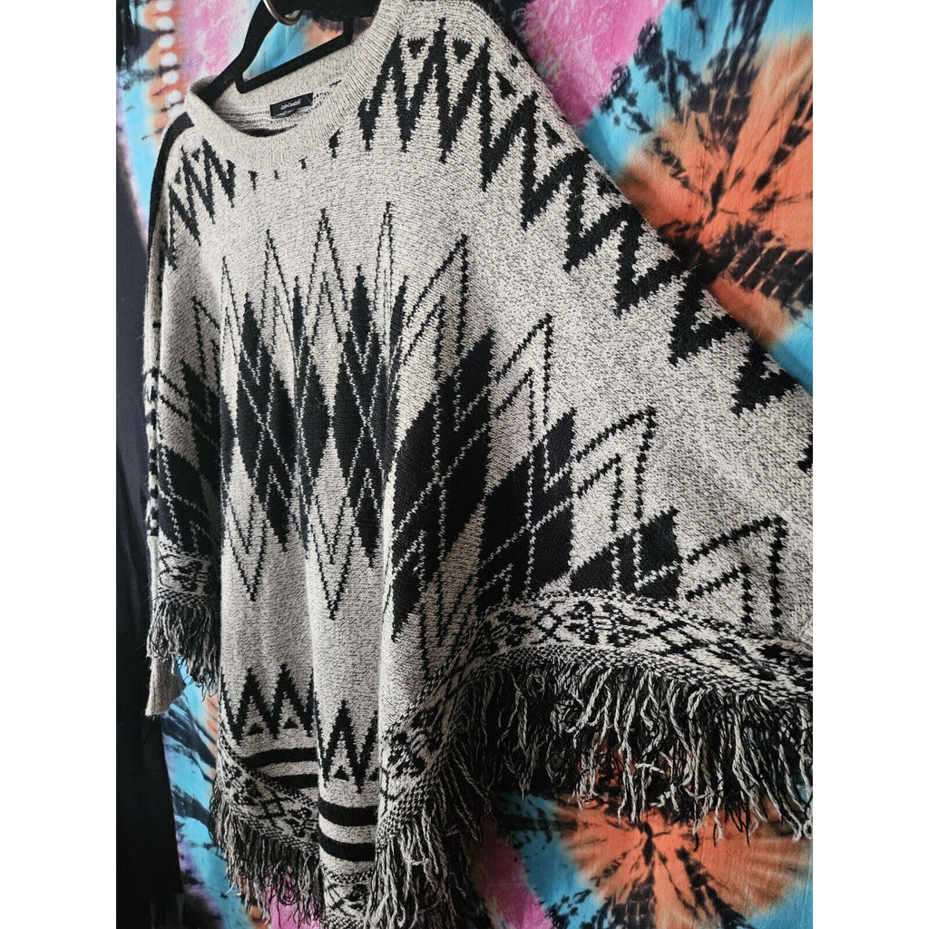 Color Swatch Black & Gray Colorful Fringe Poncho Sweater Women's S/M