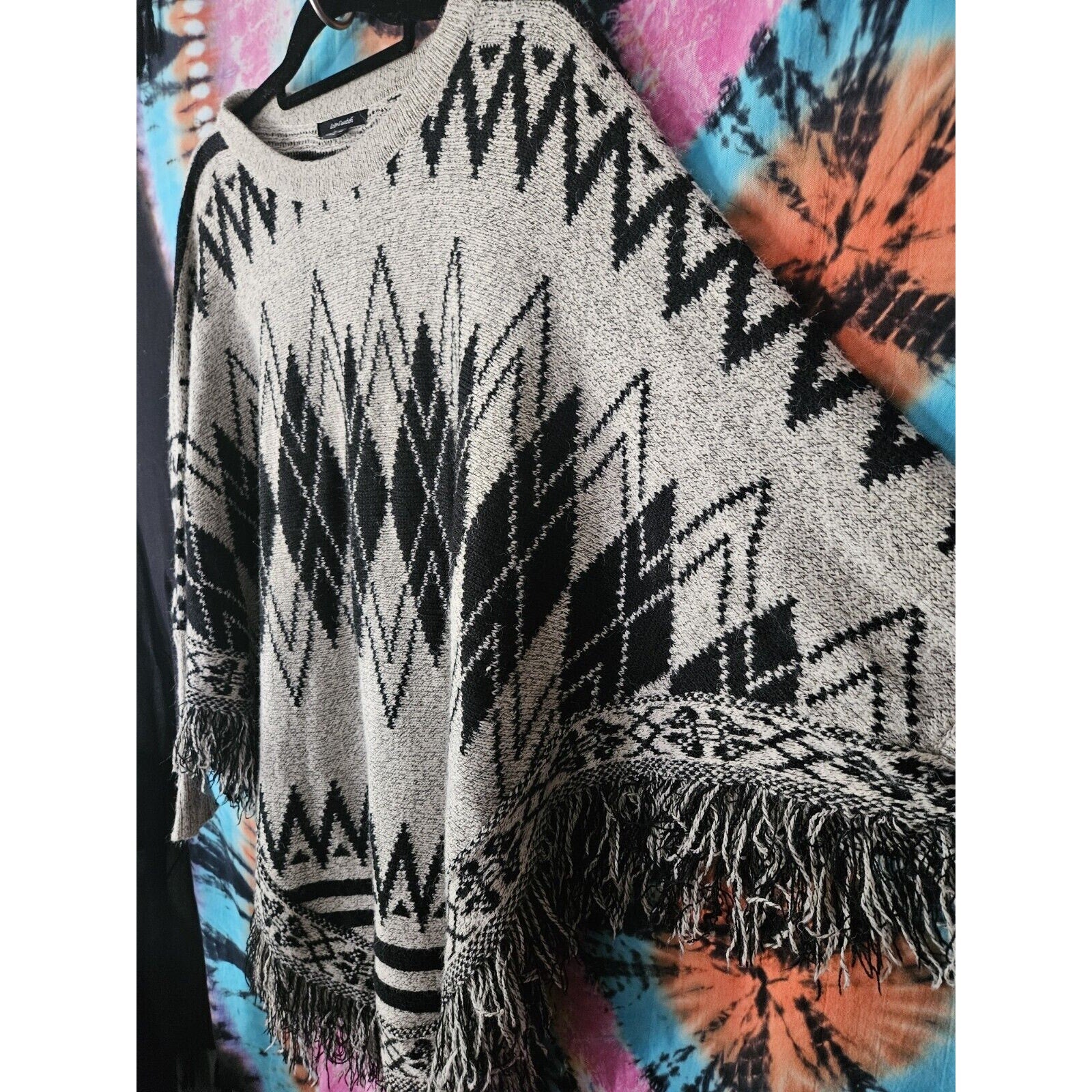 Color Swatch Black & Gray Colorful Fringe Poncho Sweater Women's S/M