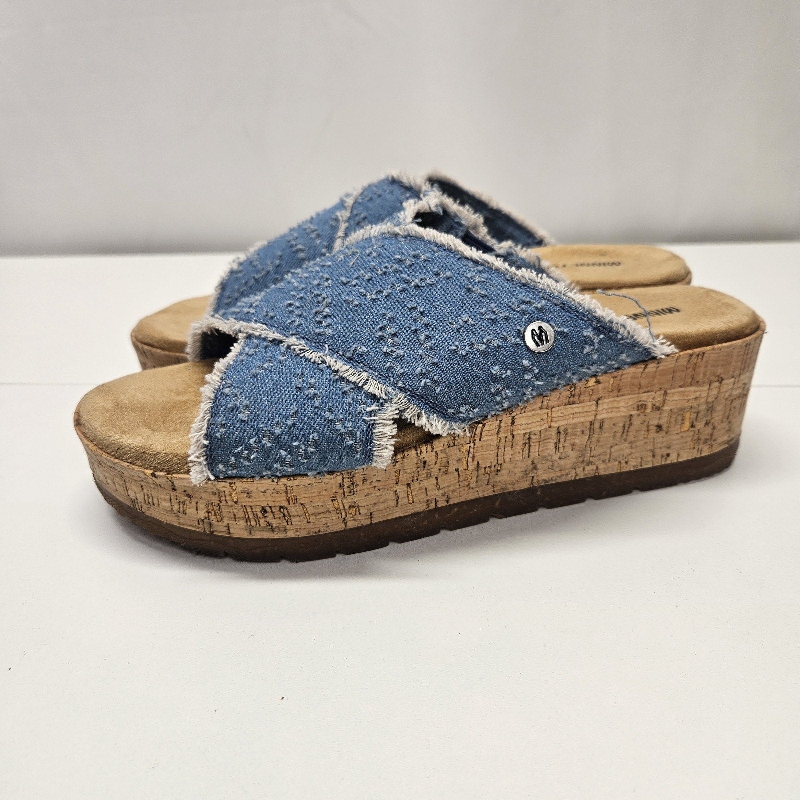 Minnetonka Posey Wedge Sandals Denim Slip On Platforms Size 9 Preppy Y2K Grunge