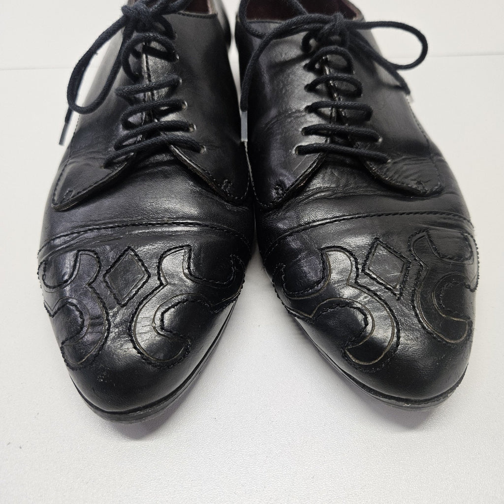 VTG Flamengo Embriodered Black Leather Lace up Oxford Heeled Granny Shoes 7.5 M