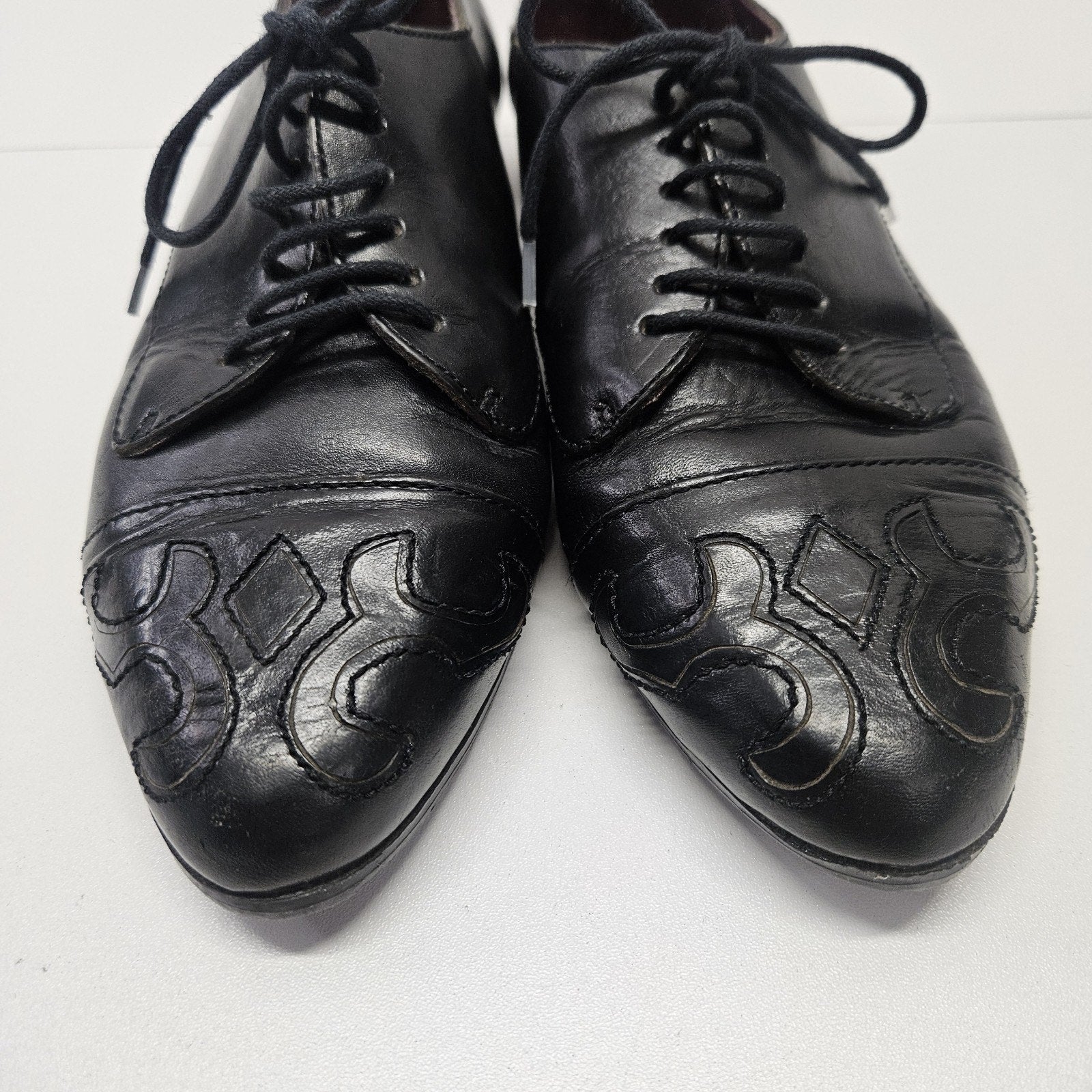 VTG Flamengo Embriodered Black Leather Lace up Oxford Heeled Granny Shoes 7.5 M