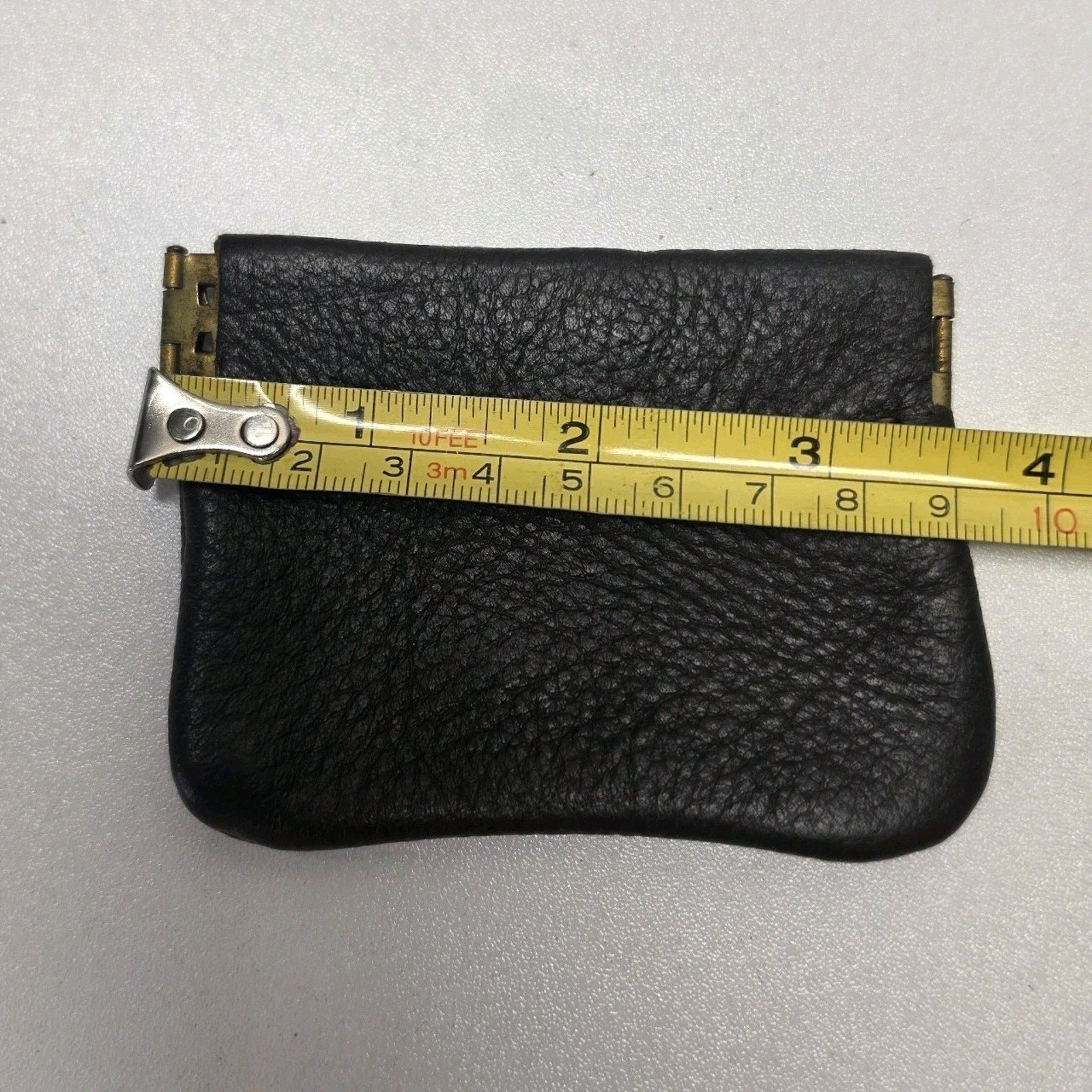 Vintage Black Leather Squeeze Coin Purse Change Pouch Key Holder Spring Frame
