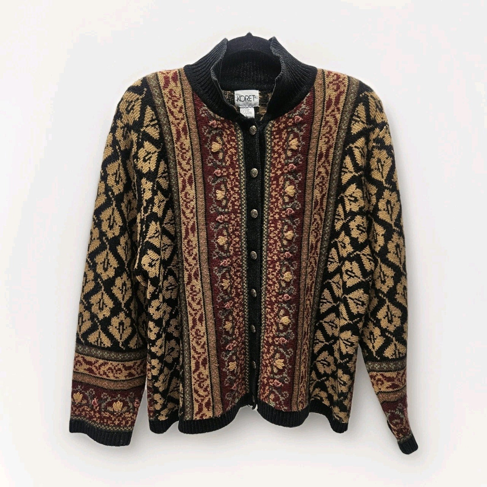 Vtg 90s KORET Women's Cardigan Black Flowers Acrylic Wool Large Boho Cottage