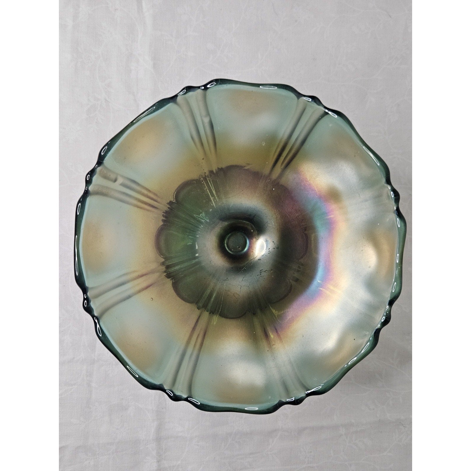 Vintage Carnival Glass Dish Bullseye Pedestal Ice Cream Iridescent Fluted Rim