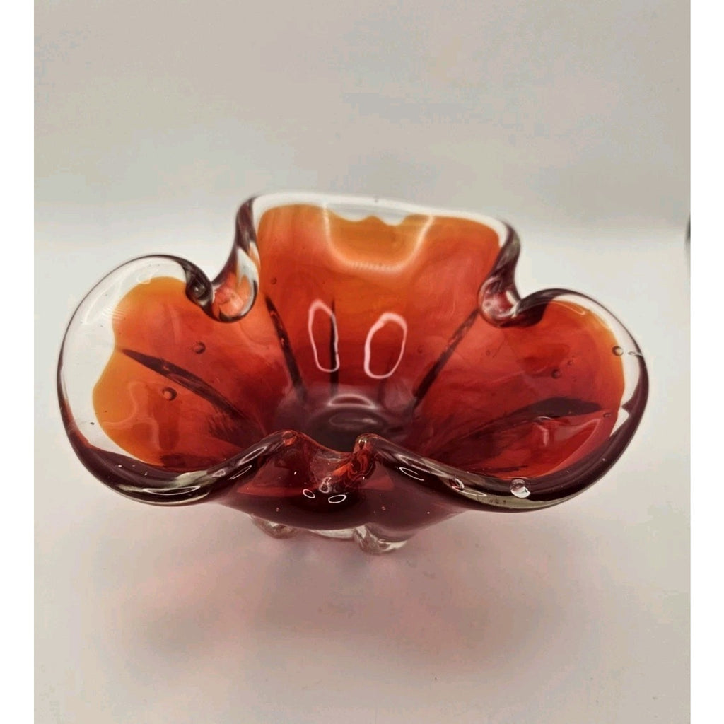 Murano Glass Ashtray Vintage Red Orange Trinket Dish Bowl Bohemian Style 1960's