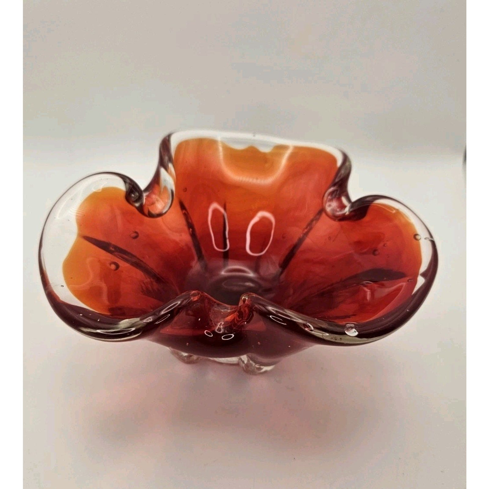Murano Glass Ashtray Vintage Red Orange Trinket Dish Bowl Bohemian Style 1960's