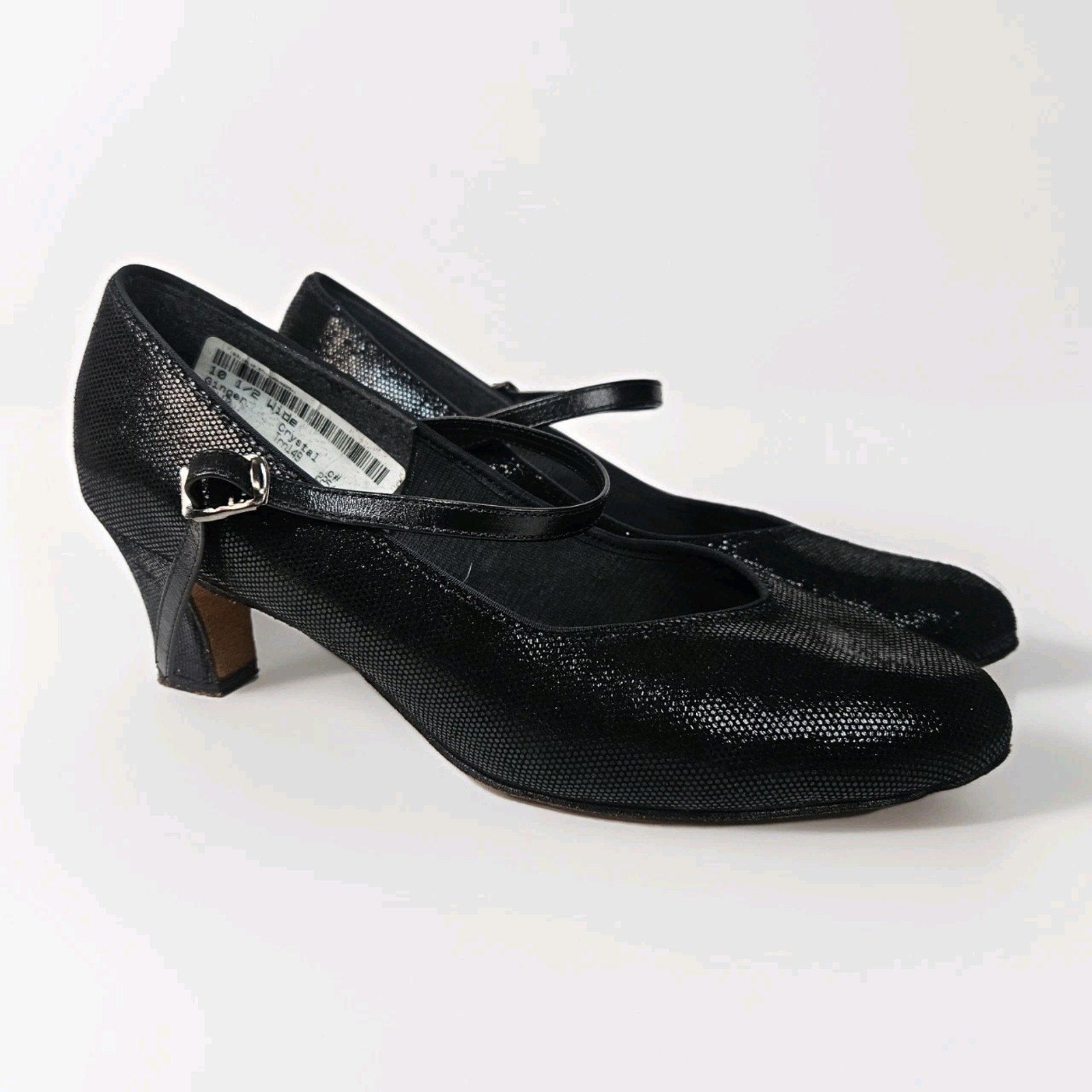 Vintage 90s Black Leather Glitter Mary Jane Round Toe Formal Dress Shoe 10.5 W