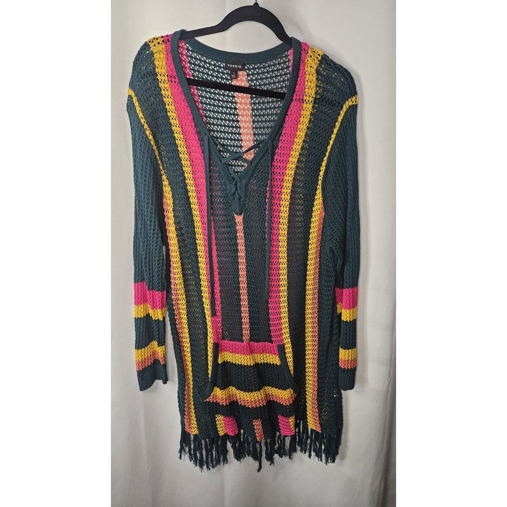 Torrid Striped Open Stitch Pullover Fringe Hem Sweater 1X Kangaroo Pocket Boho