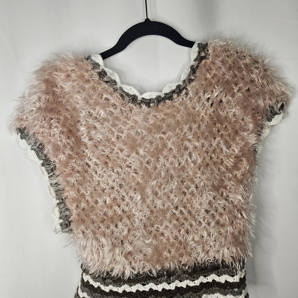 LULUMARI Fluffy Crochet Vest with Floral Pattern Size Medium Boho Festival