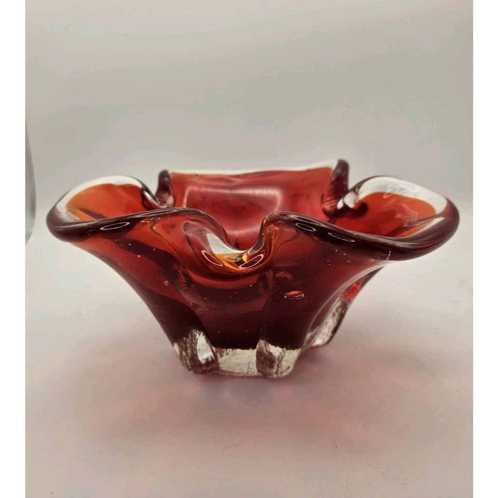 Murano Glass Ashtray Vintage Red Orange Trinket Dish Bowl Bohemian Style 1960's
