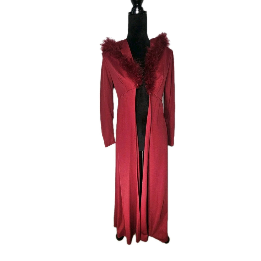 Vintage 70s Maroon Marabou Trim Hooded Robe Maxi Disco Robe Women's Size 5 S/M