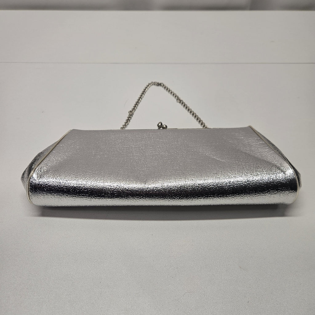 Retro Mod Silver Metallic Evening Bag Purse Clutch Chain Handle