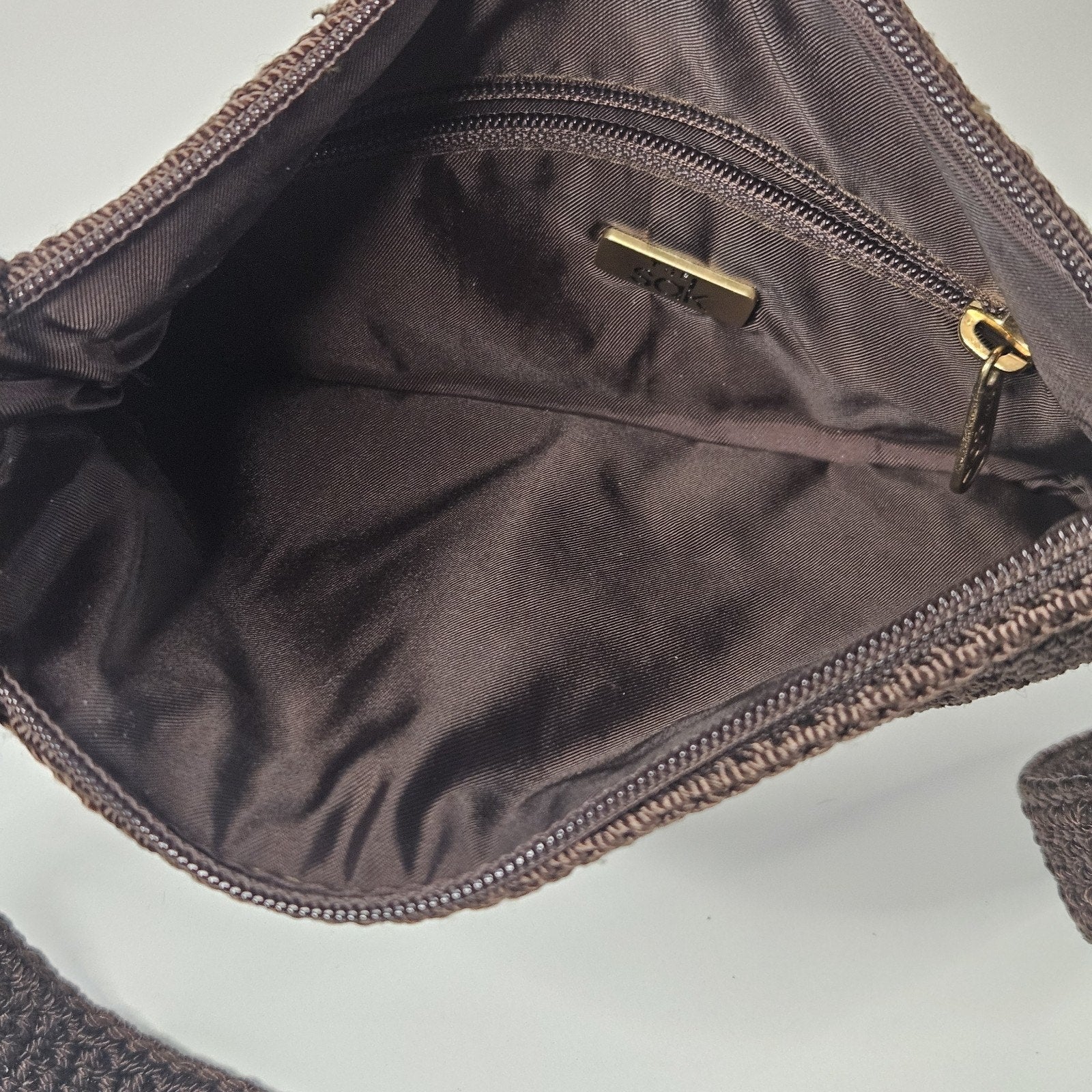 The Sak Chocolate Brown Crochet Shoulder Bag Zip Top Zip Pockets Boho Y2K Small