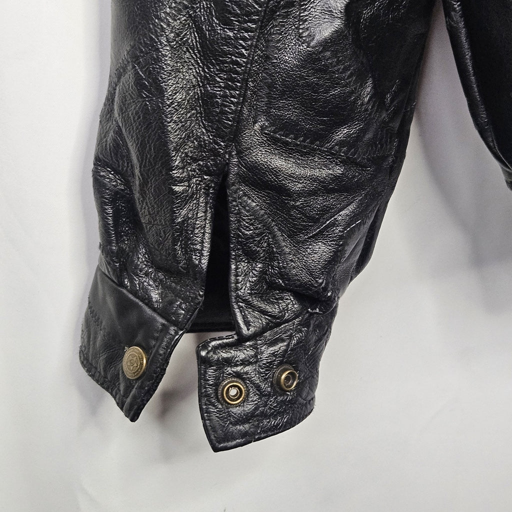 Vtg 90s Cellini Black Leather Bomber Jacket Stitch Mosaic Moto Jacket Coat- Med