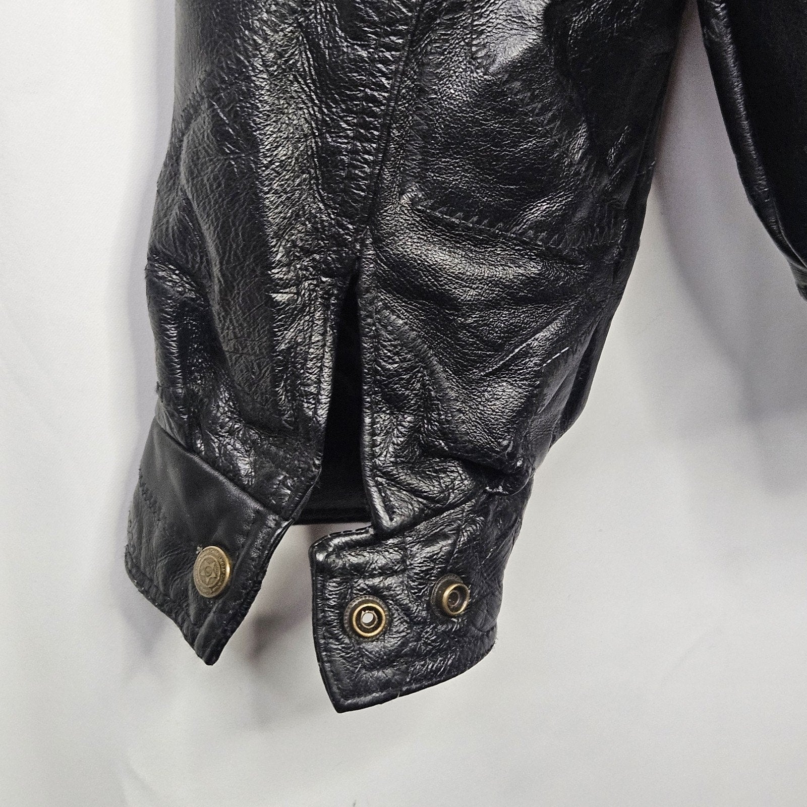 Vtg 90s Cellini Black Leather Bomber Jacket Stitch Mosaic Moto Jacket Coat- Med
