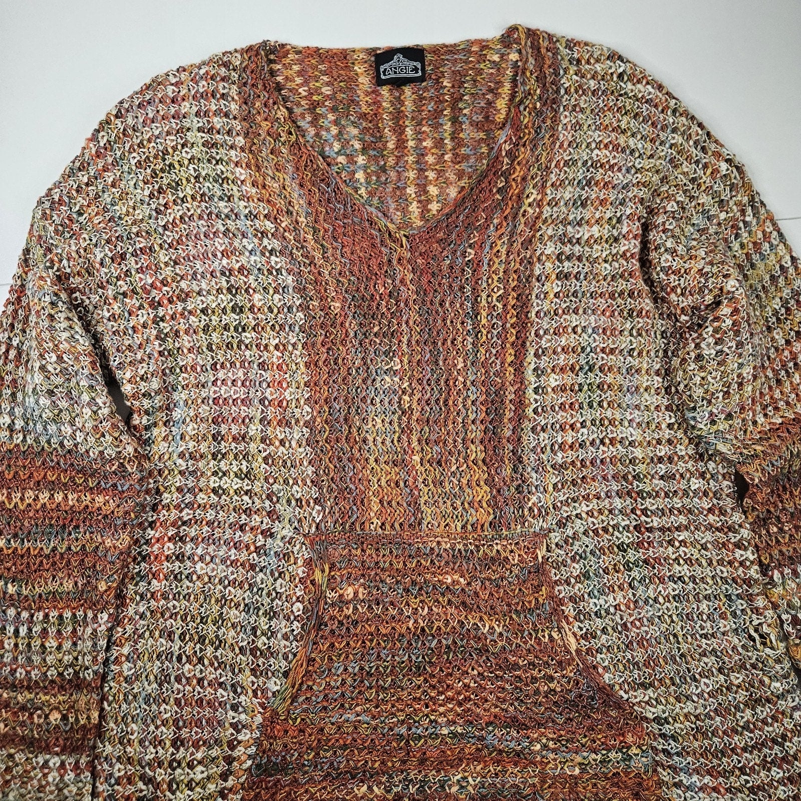 Angie Buckle Space Dye SweaterOpen Knit Boho Pullover Sweater Tunic XL Orange