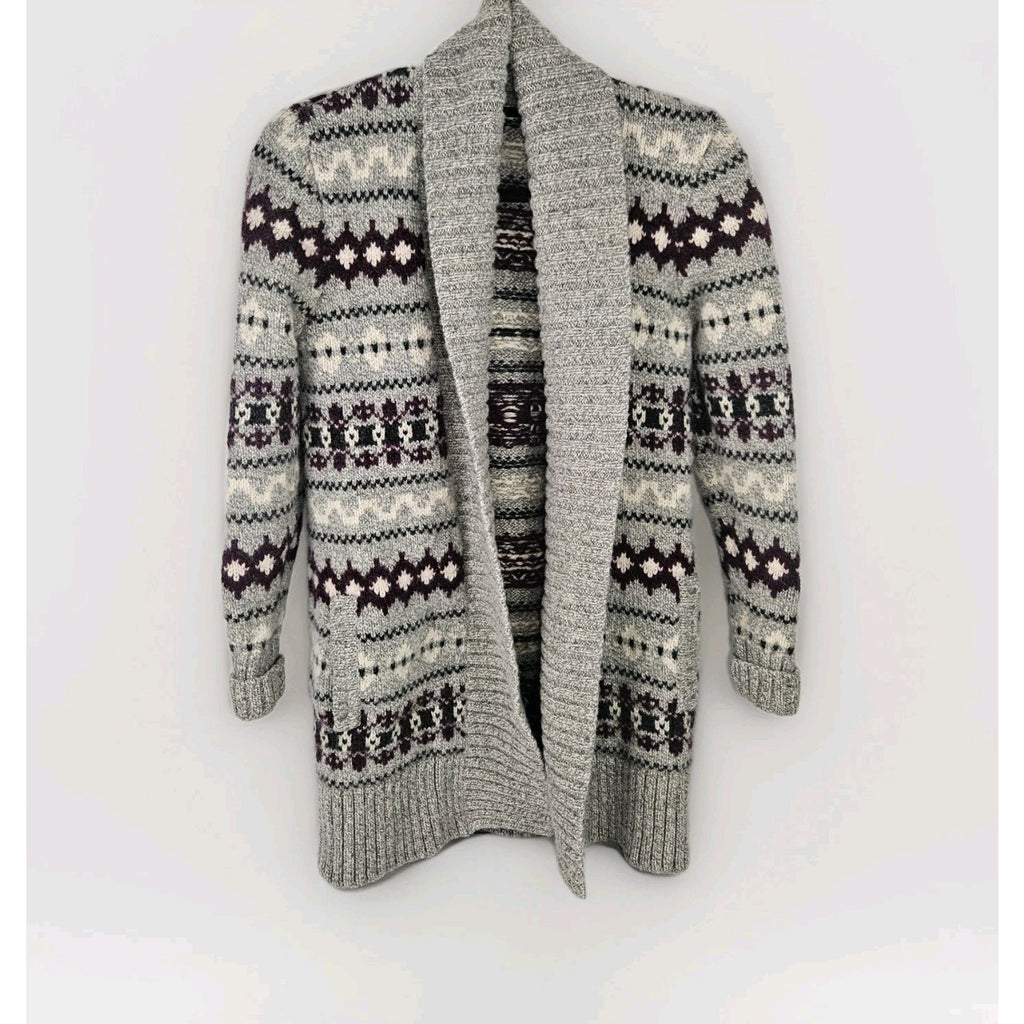 L.L. Bean Lambswool Cardigan Fair Isle Gray Long Women’s Medium Ski Heavy Winter