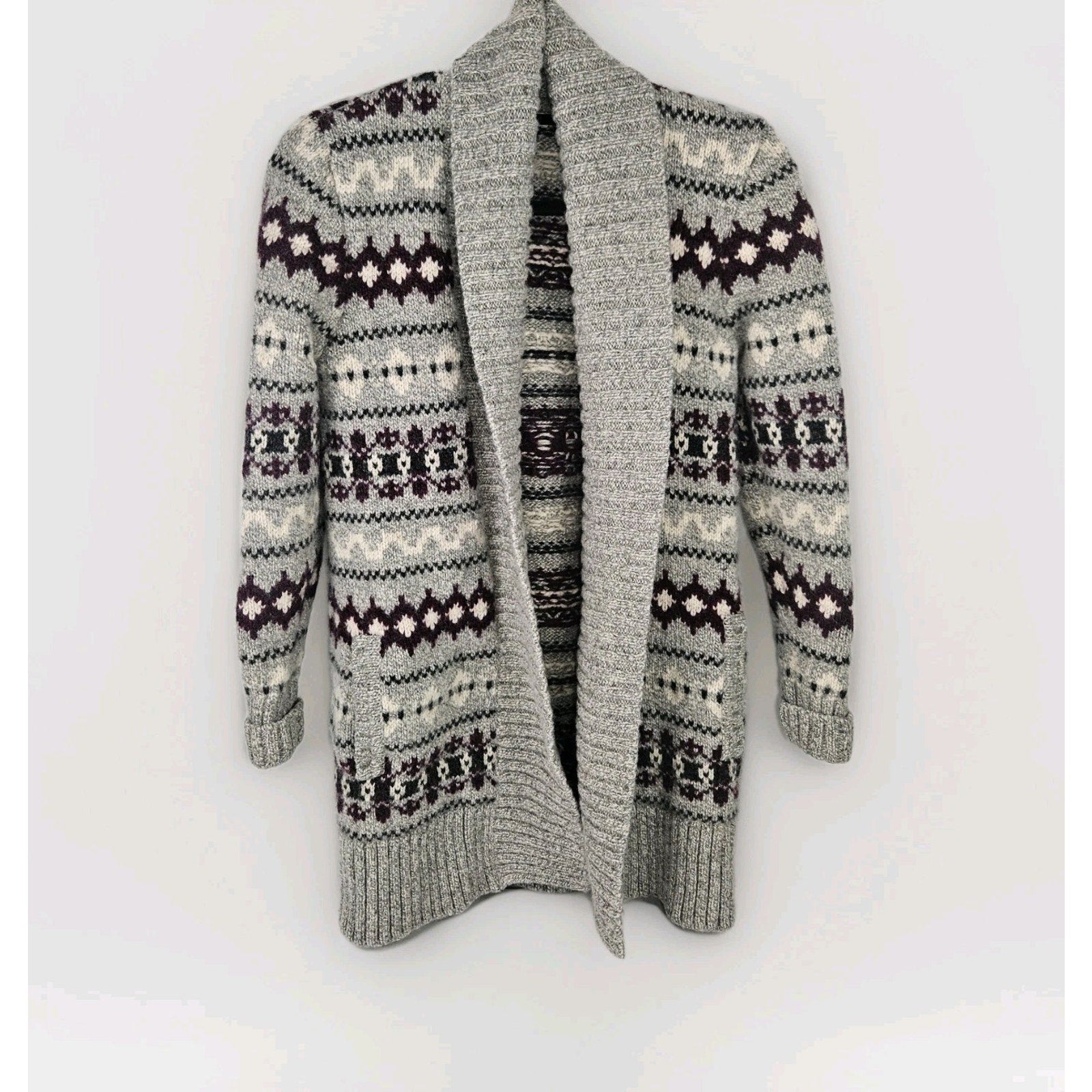 L.L. Bean Lambswool Cardigan Fair Isle Gray Long Women’s Medium Ski Heavy Winter