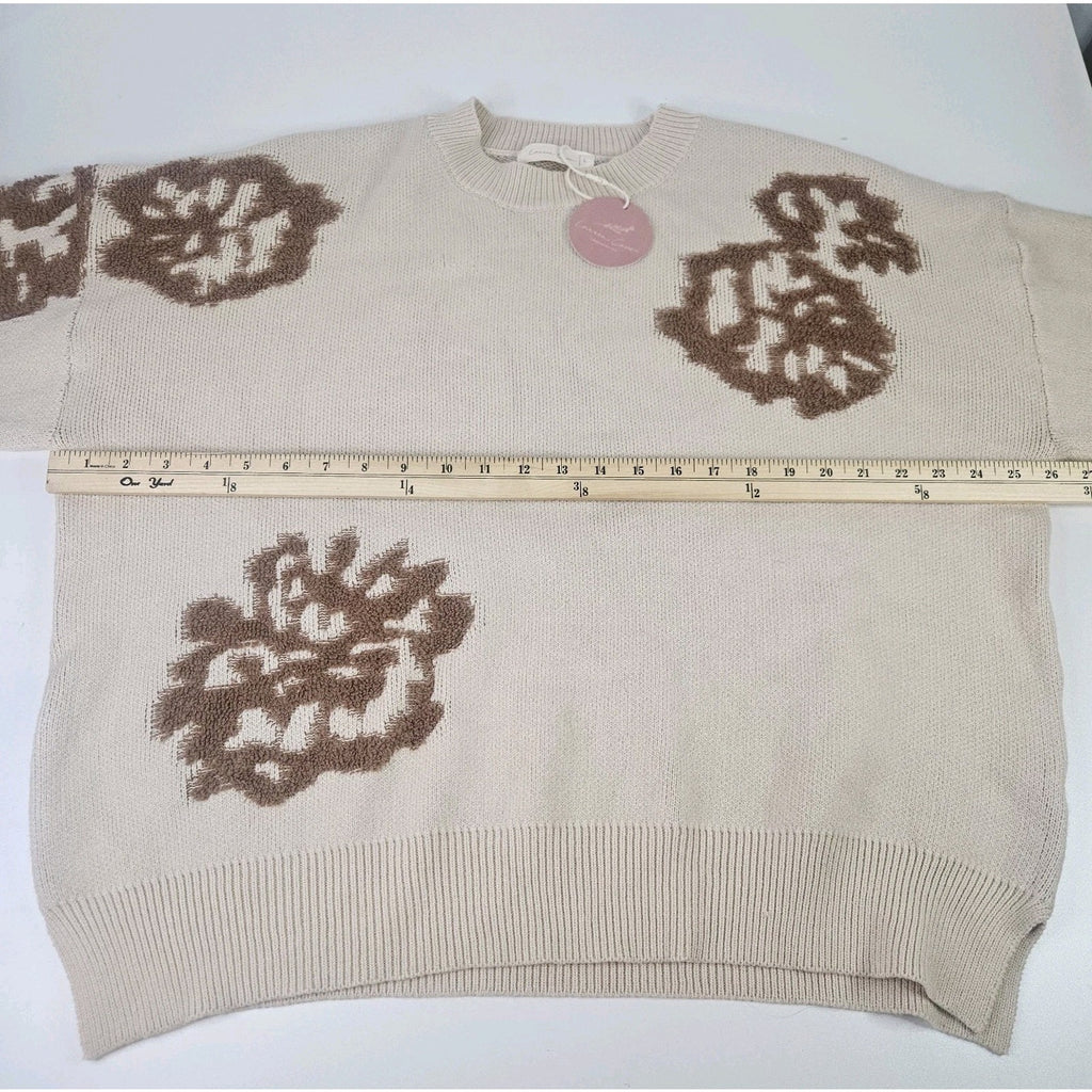 NWT Intarsia Floral Knitted Oversized Sweater Large Cream Brown Flowers