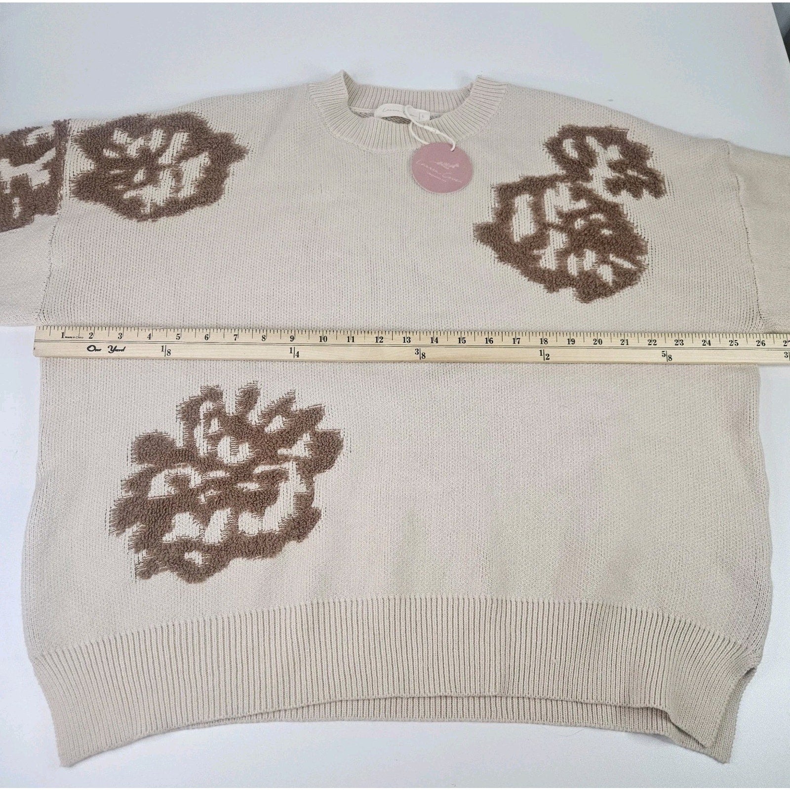 NWT Intarsia Floral Knitted Oversized Sweater Large Cream Brown Flowers