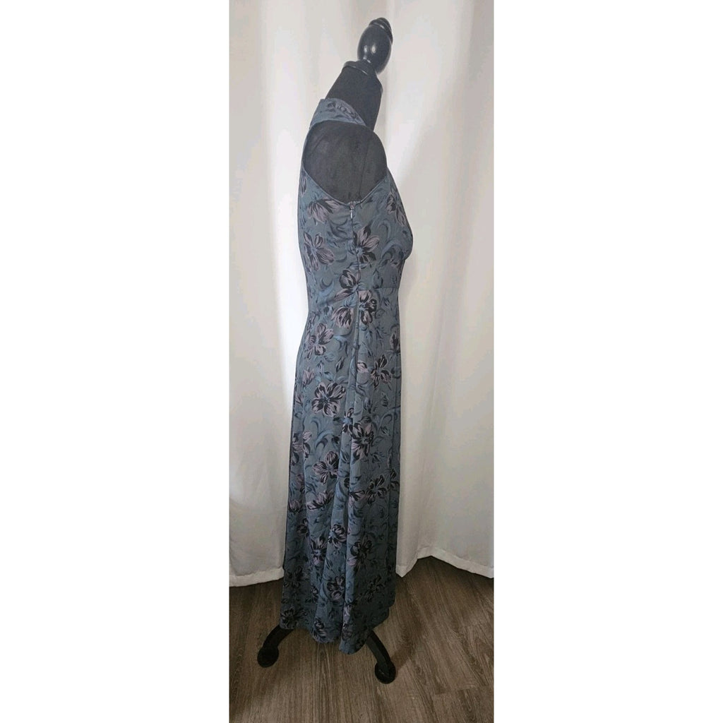 Vintage High Neck Sleeveless Dress Sheer Floral Maxi Blue Empire Waist XS 0/2