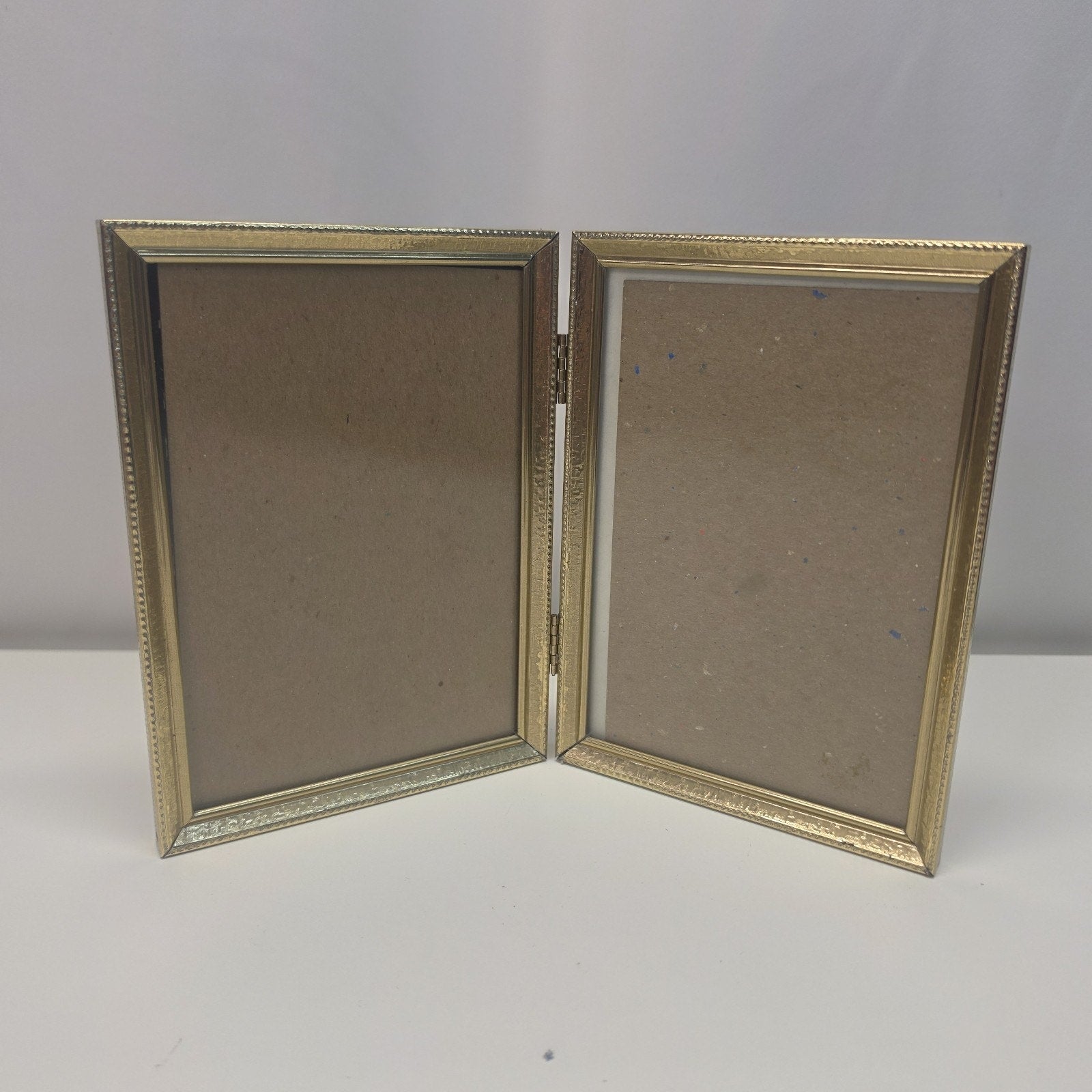 Vintage 80s Gold Tone Bi-fold Picture Frame Double 5x7" Glass Table Top