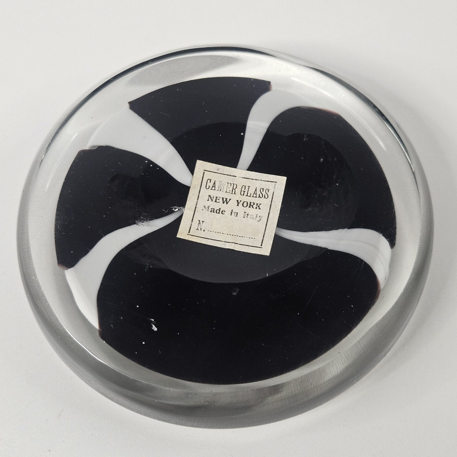 MCM Camer Glass NYC Black White Swirl Italian Art Glass Paperweight Vintage 4"