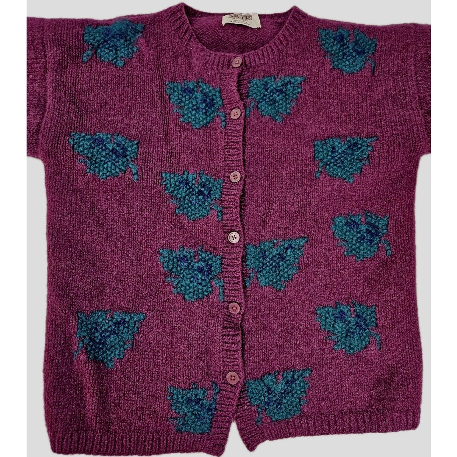 90s Skyr Purple Wool Cardigan Chunky Knit Sweater Autumn Large Cottage Granny