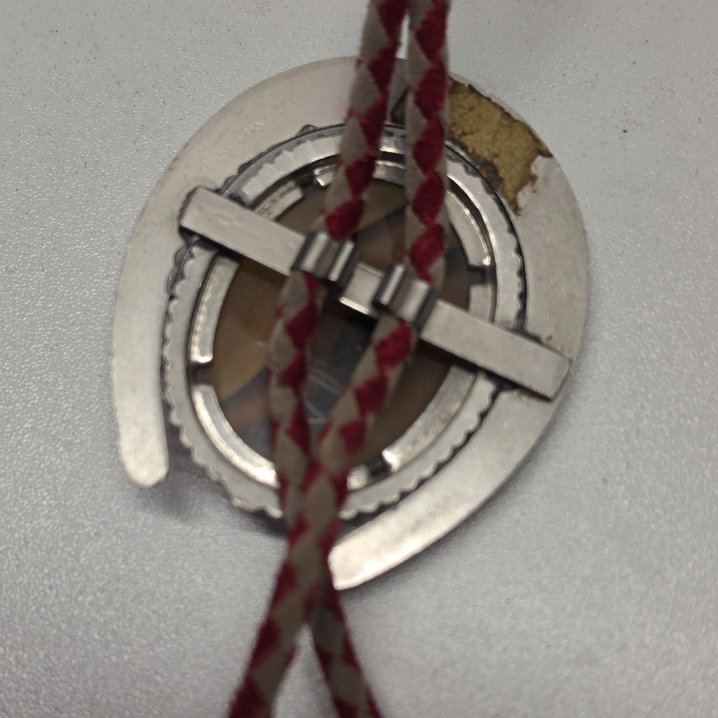 Vintage Western Banded Tigers Eye Agate Silver Tone Leather Western Bolo Tie