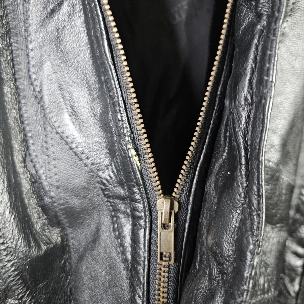 Vtg 90s Cellini Black Leather Bomber Jacket Stitch Mosaic Moto Jacket Coat- Med