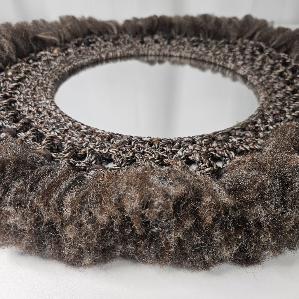 Vintage Large Macrame Wood Beaded Hanging Mirror 22" Boho Chic 70s Inspired
