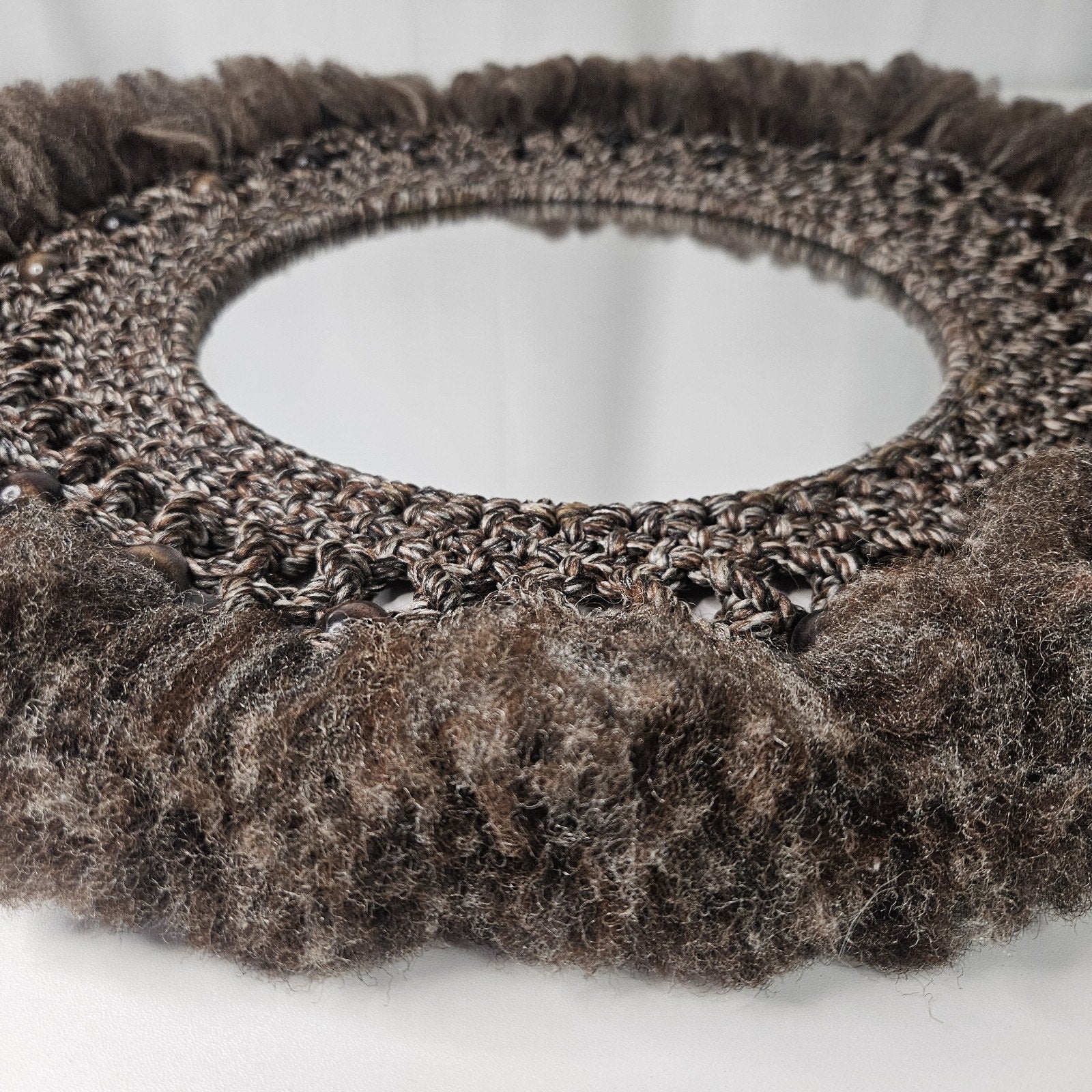 Vintage Large Macrame Wood Beaded Hanging Mirror 22" Boho Chic 70s Inspired