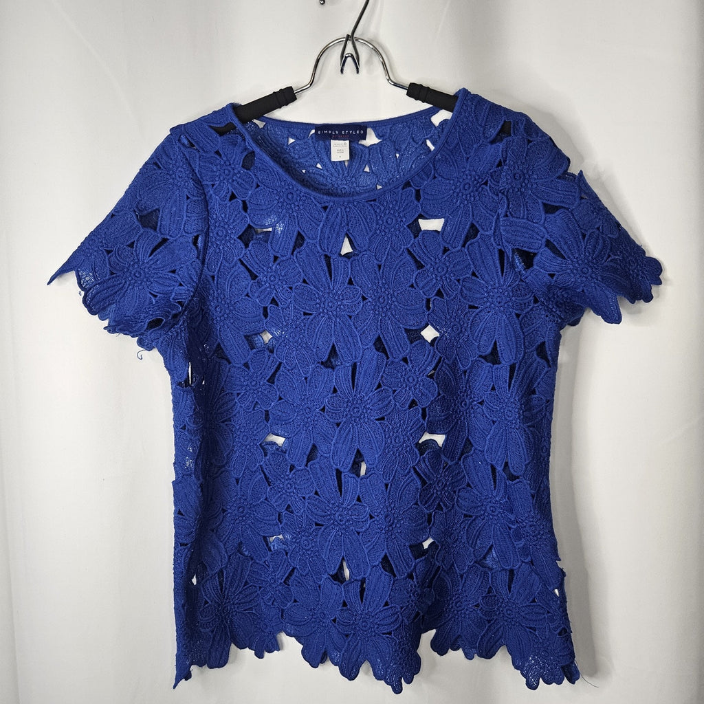 Vintage Cobalt Blue Guipure Cut Out Lace Short Sleeve Top Small Holiday Retro
