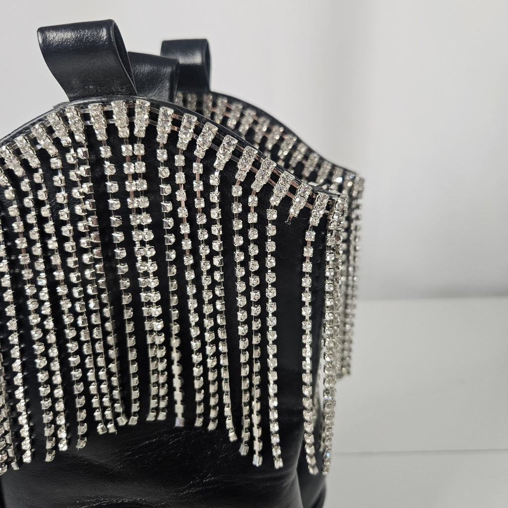 Embellished Rhinestone Fringe Black Edgy Western Boots 8.5 M Cowgirl Rodeo Glam