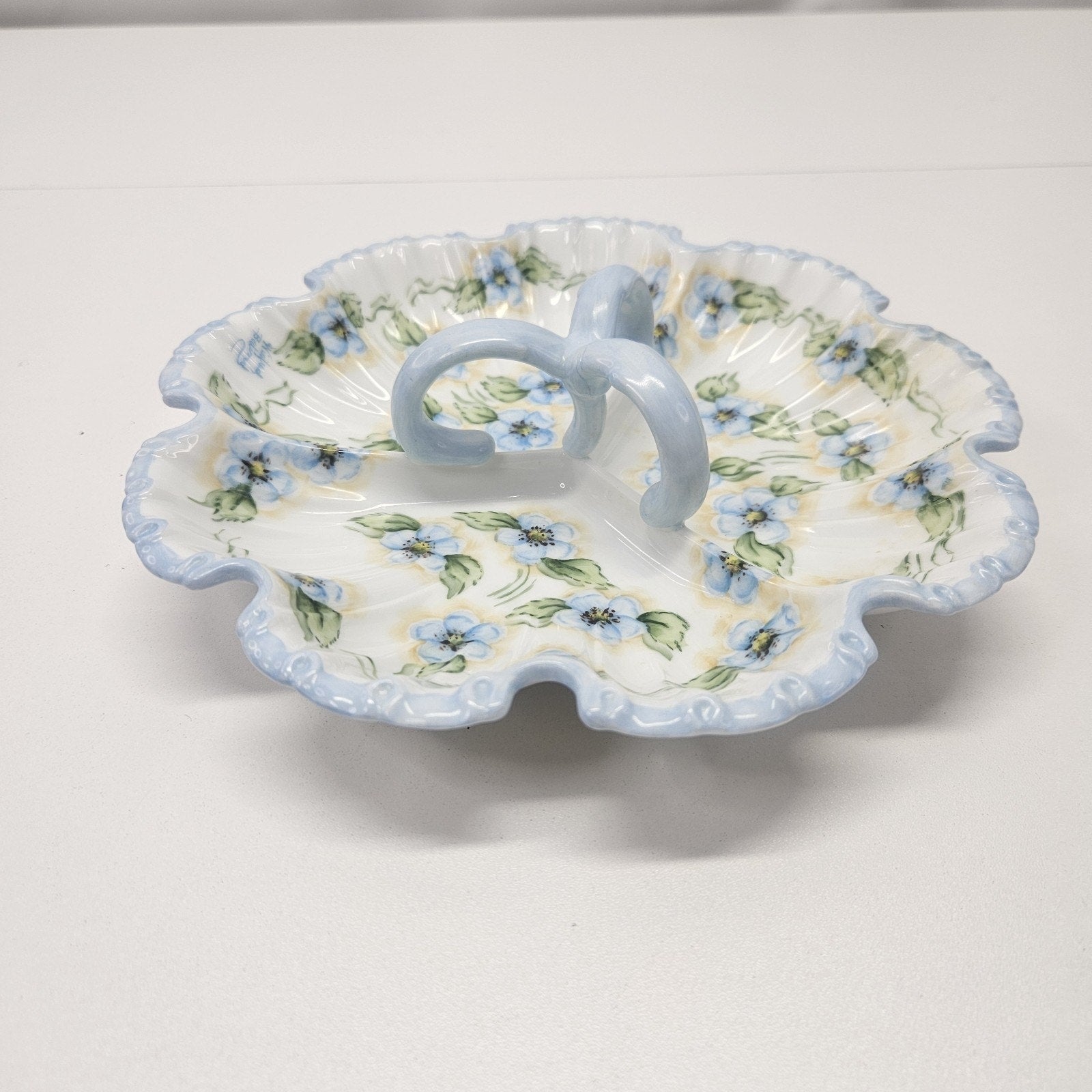 Vtg Forget-Me-Not Hand-Painted Porcelain Dish Trinket Tray Fairy Cottage Shabby