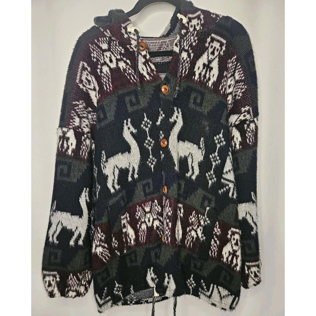 Wool Alpaca Print Hooded Cardigan Button Up Sweater- Grey/White/Plum/Green-L