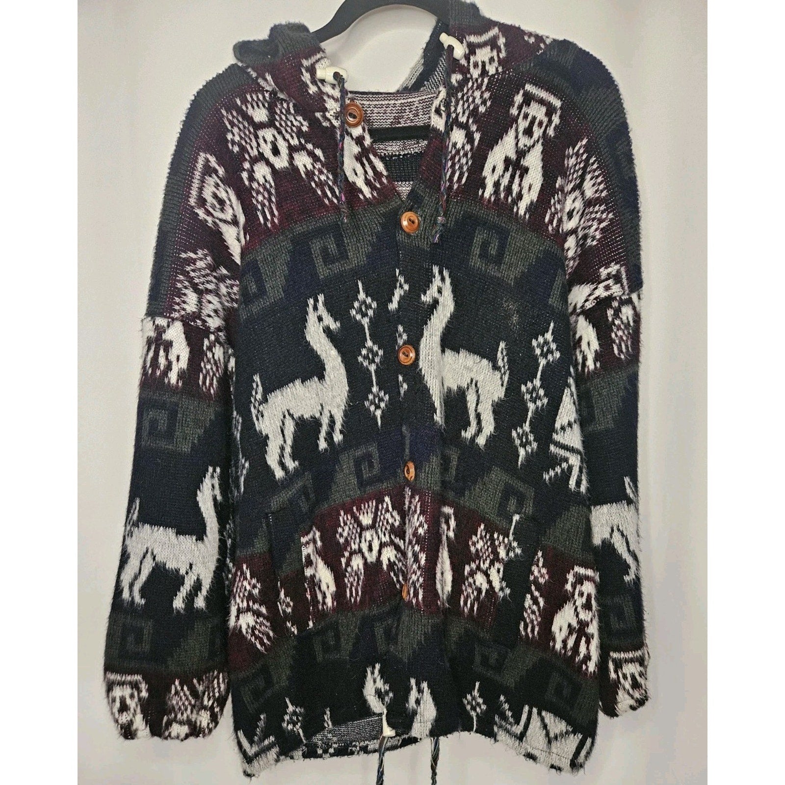 Wool Alpaca Print Hooded Cardigan Button Up Sweater- Grey/White/Plum/Green-L