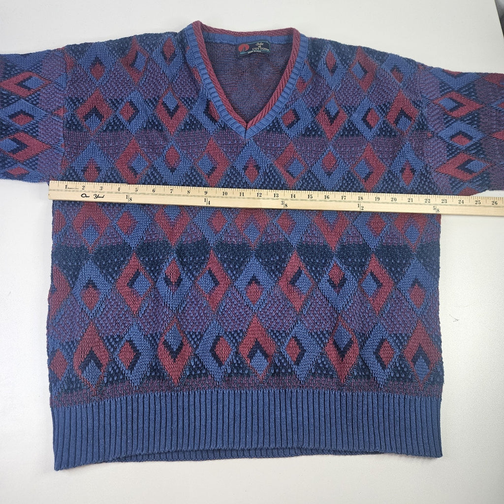 Vintage 3D Knit Geometric V Neck Sweater Size Large 90s Boxy Isle Of Cotton USA