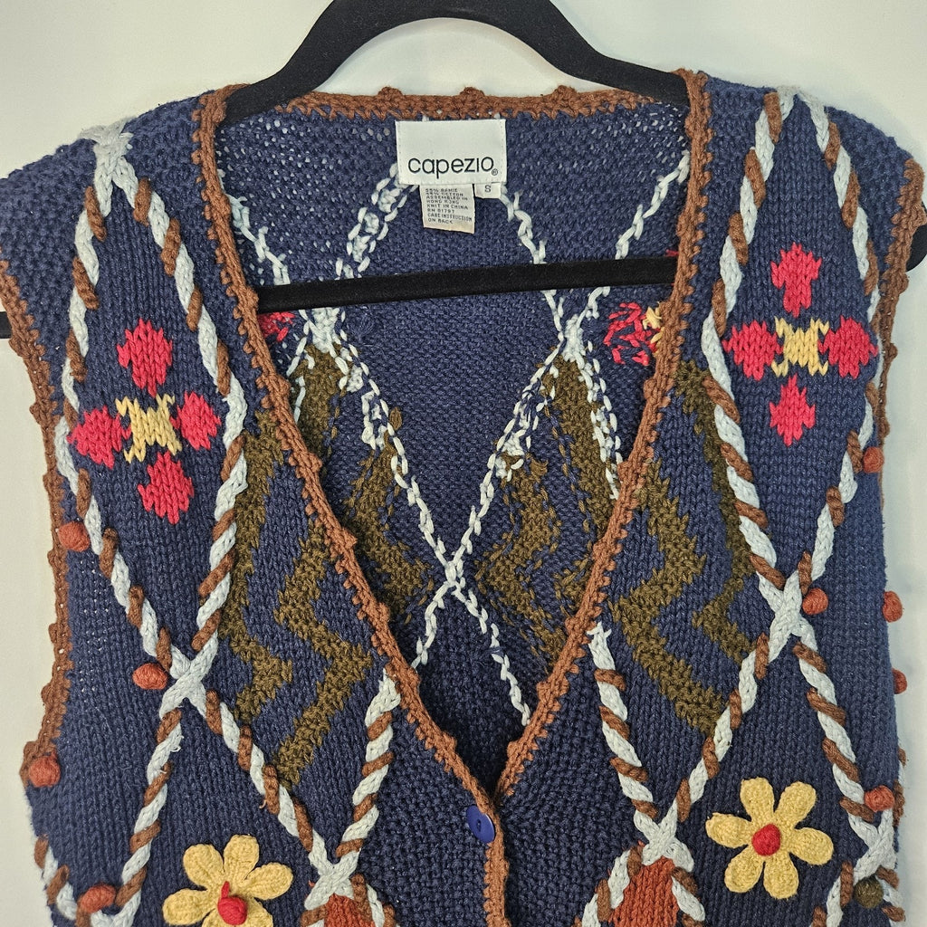 Vintage 1990s Womens Blue Floral Chunky Granny Knit Sweater Vest Small Cottage