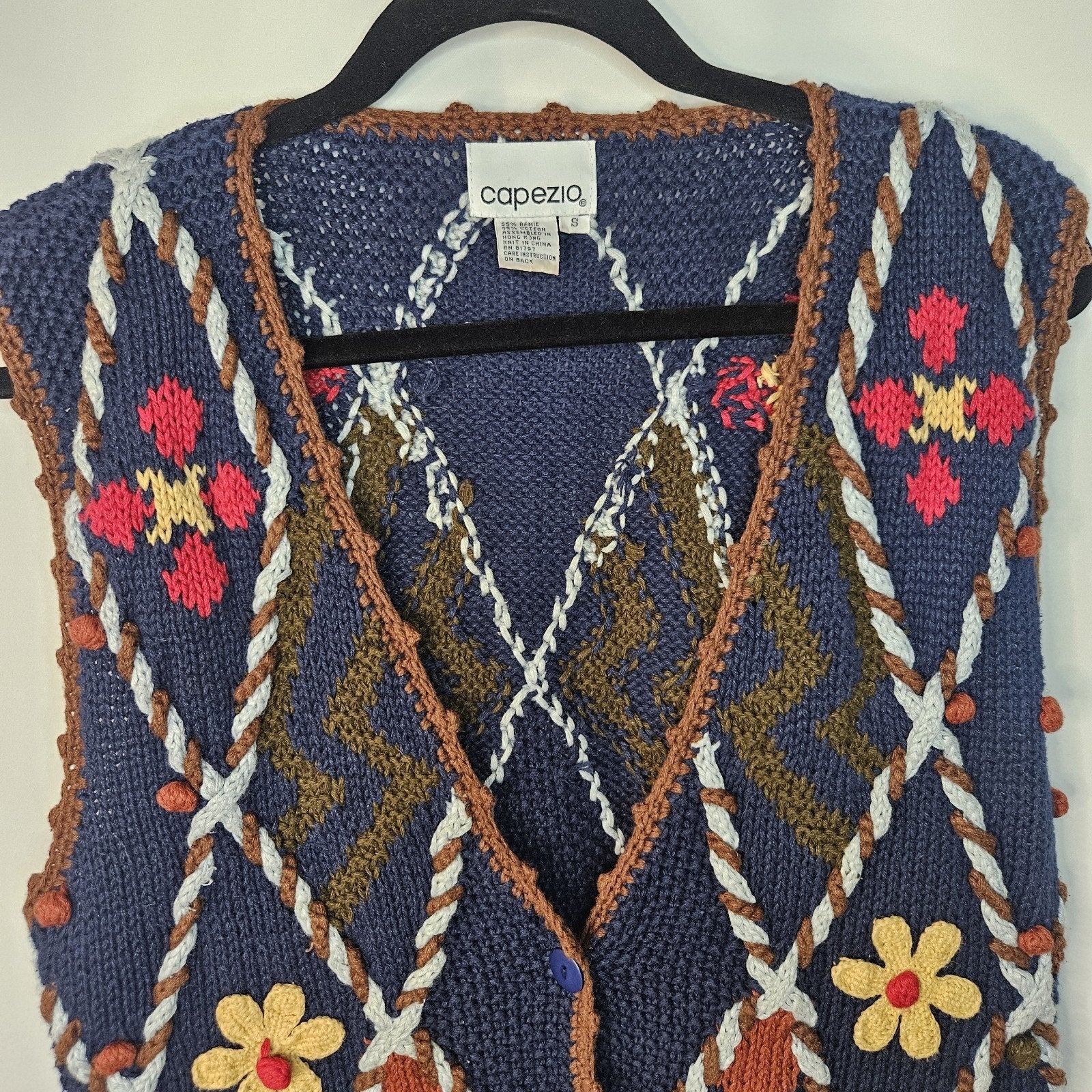 Vintage 1990s Womens Blue Floral Chunky Granny Knit Sweater Vest Small Cottage