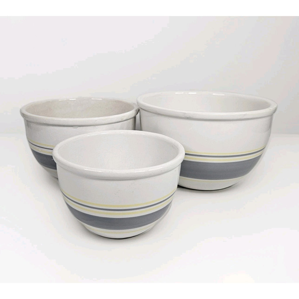 Vtg MCM Mount Mt. Clemens Pottery Mixing Bowl Set 3 Gray Yellow Stripes Japan