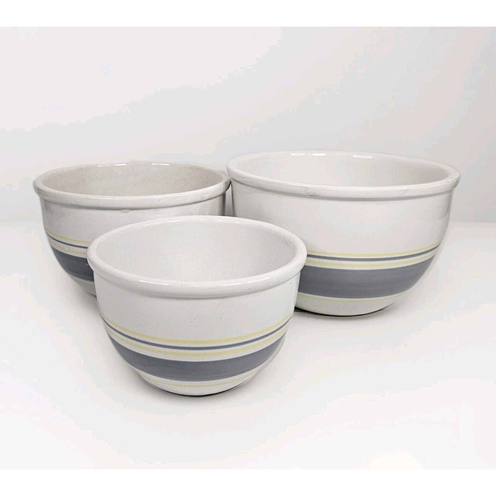 Vtg MCM Mount Mt. Clemens Pottery Mixing Bowl Set 3 Gray Yellow Stripes Japan