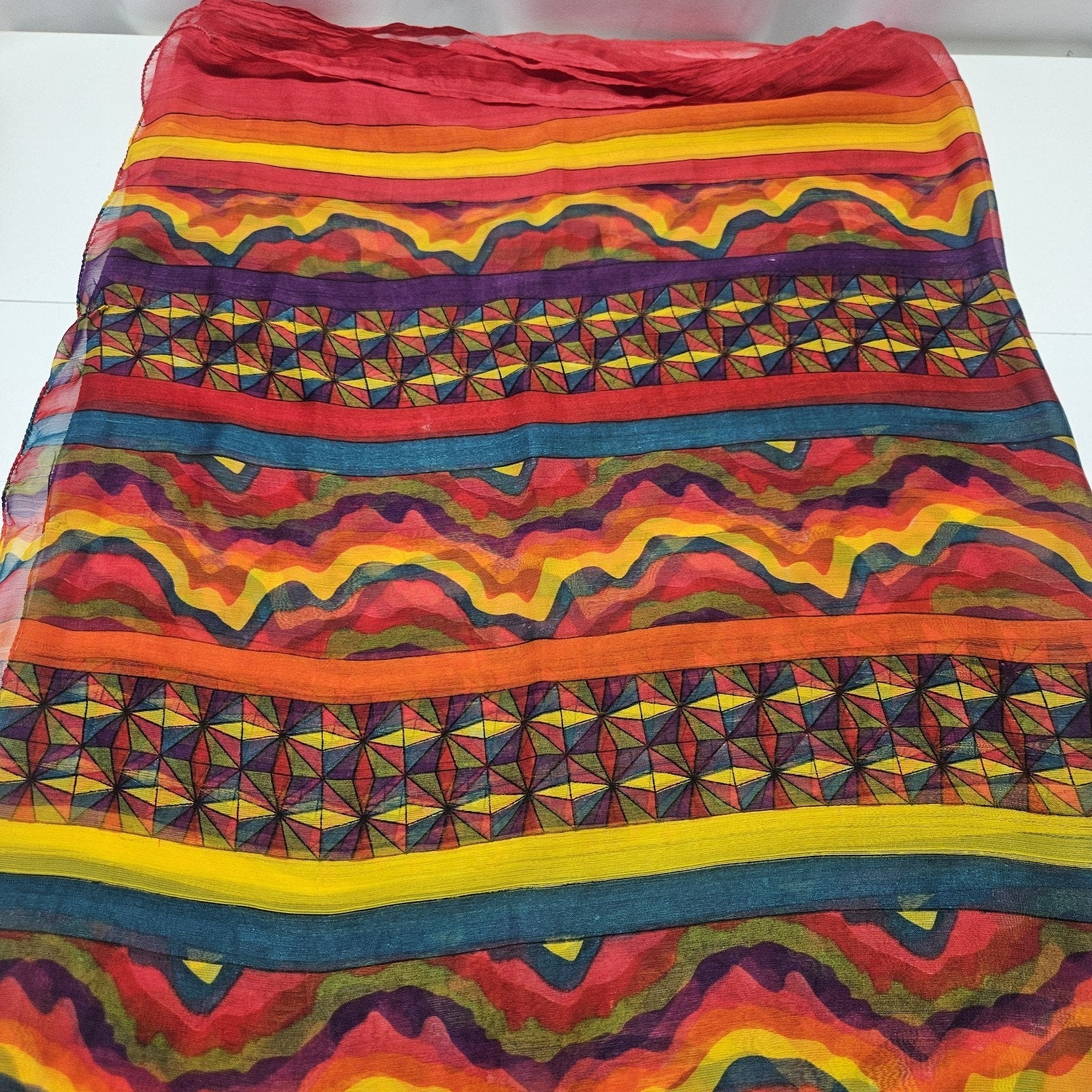Vintage Poly Silk Chiffon Scarf Bright Multi Color Festival Psychedelic