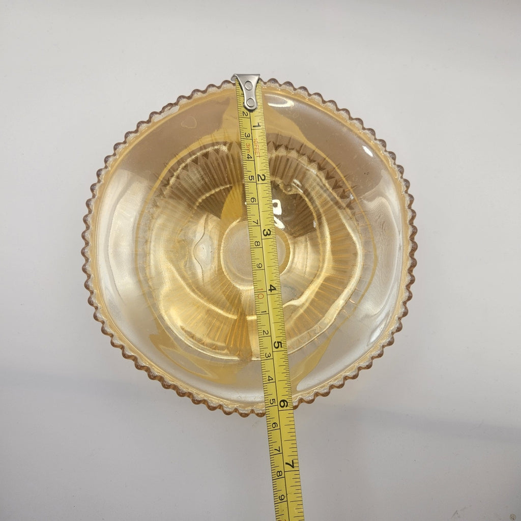 Vtg Carnival Glass Candy Dish Amber Three Footed Beaded Rim Diamond Pointed Ribs